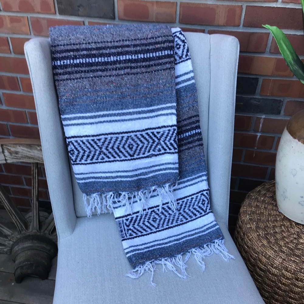 Mexican Blanket with Slate blue white and charcoal
